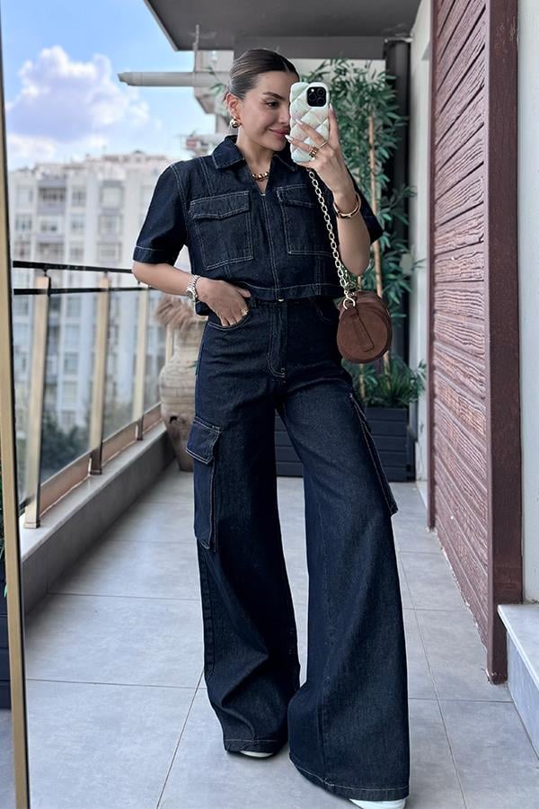 Kontrast Dikişli Denim Takım