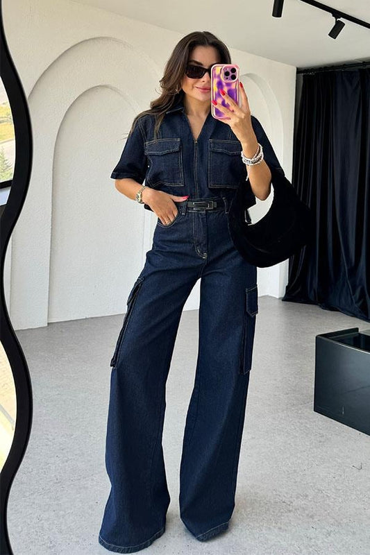 Chain Kontrast Dikişli Denim Takım
