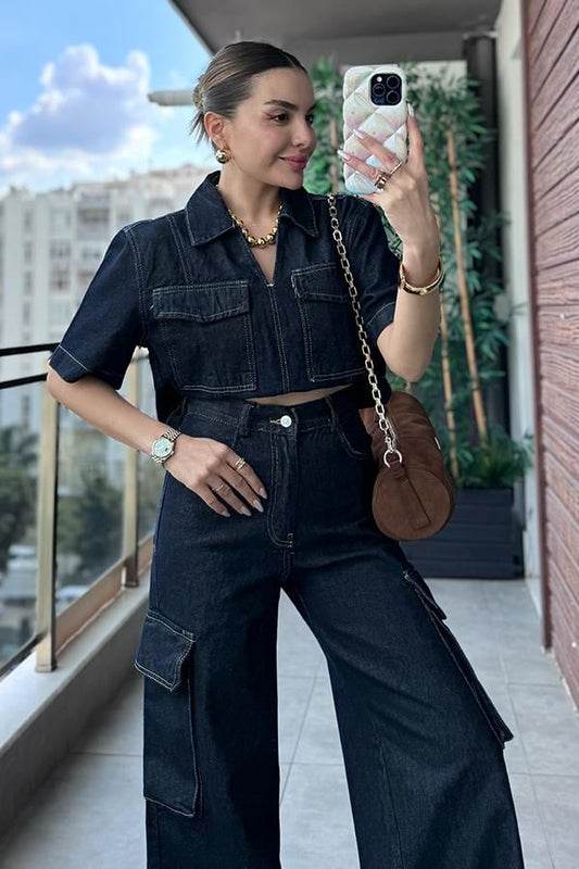 Kontrast Dikişli Denim Takım