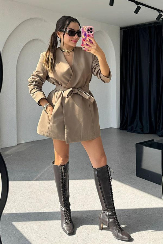 Charlize Bel Kuşaklı Kahve Ceket