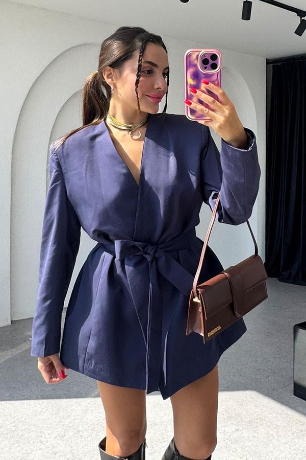 Charlize Bel Kuşaklı Lacivert Ceket