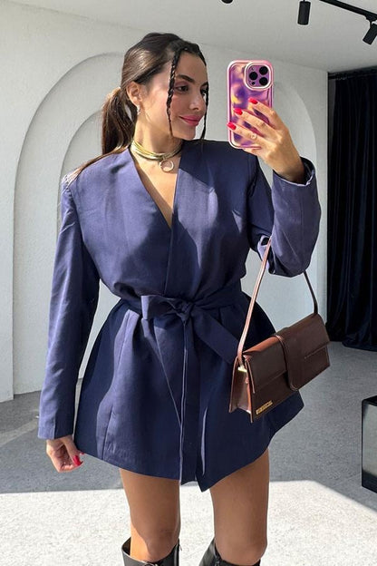 Charlize Bel Kuşaklı Lacivert Ceket