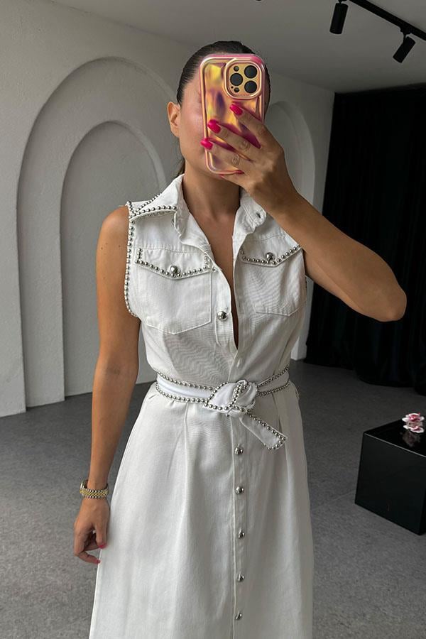 Charlotte Kolsuz Trok Baskılı Gabardin Elbise-Beyaz