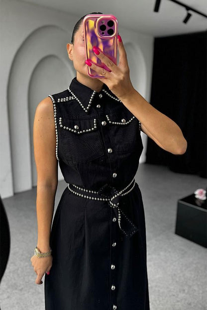 Charlotte Kolsuz Trok Baskılı Gabardin Elbise-Siyah