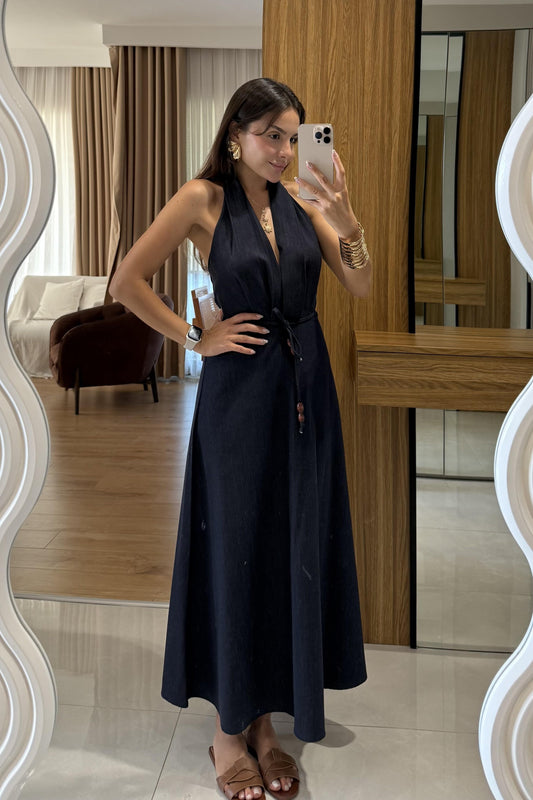 Charme Sırt Dekolte Detaylı Denim Elbise