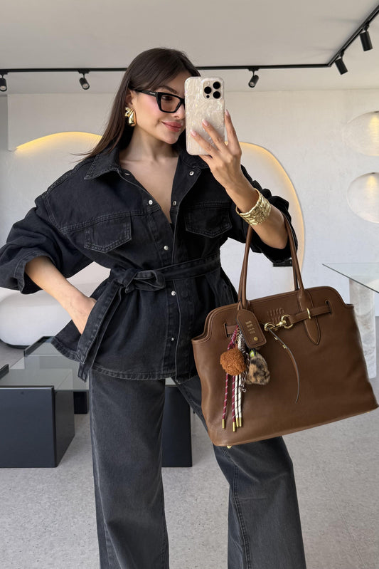 Chenko Kemerli Denim Siyah Ceket