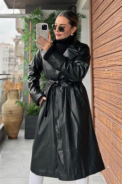 Chiara Siyah Deri Trench Coat