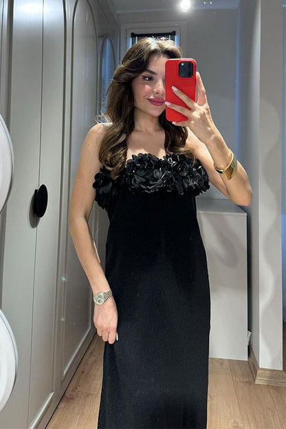 Cintia Üç Boyut Çiçekli Merserize Elbise-Siyah