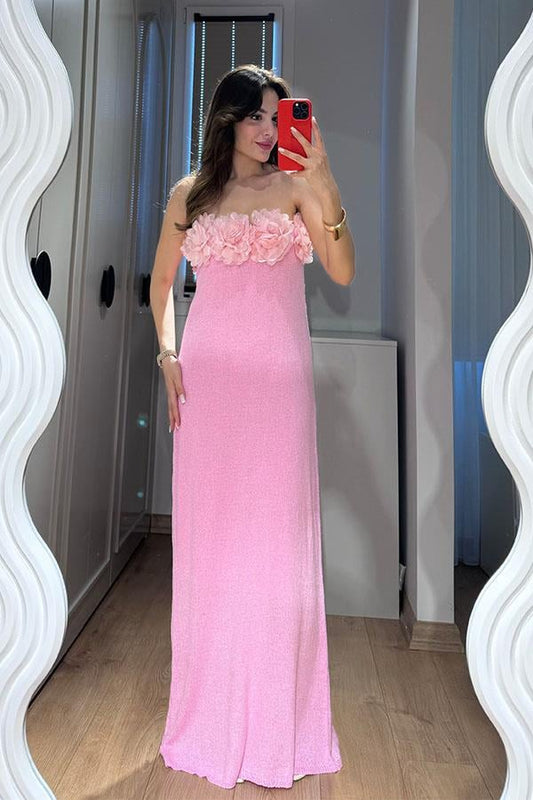 Cintia Üç Boyut Çiçekli Merserize Elbise-Pembe