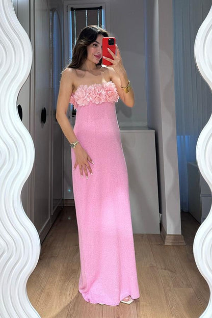 Cintia Üç Boyut Çiçekli Merserize Elbise-Pembe
