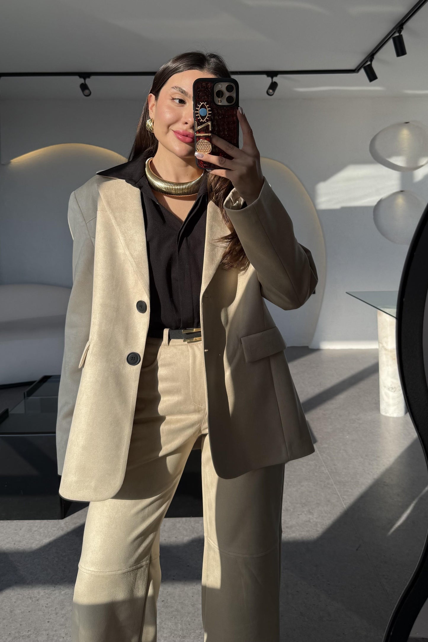 Claira Krem Süet Blazer Ceket Pantolon Takım