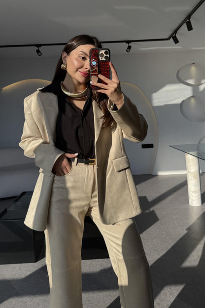 Claira Krem Süet Blazer Ceket Pantolon Takım