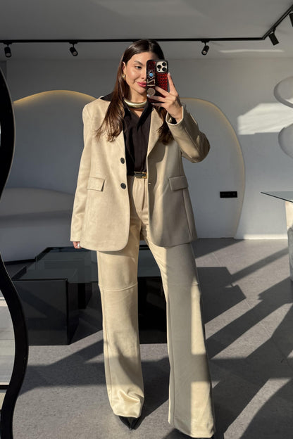 Claira Krem Süet Blazer Ceket Pantolon Takım