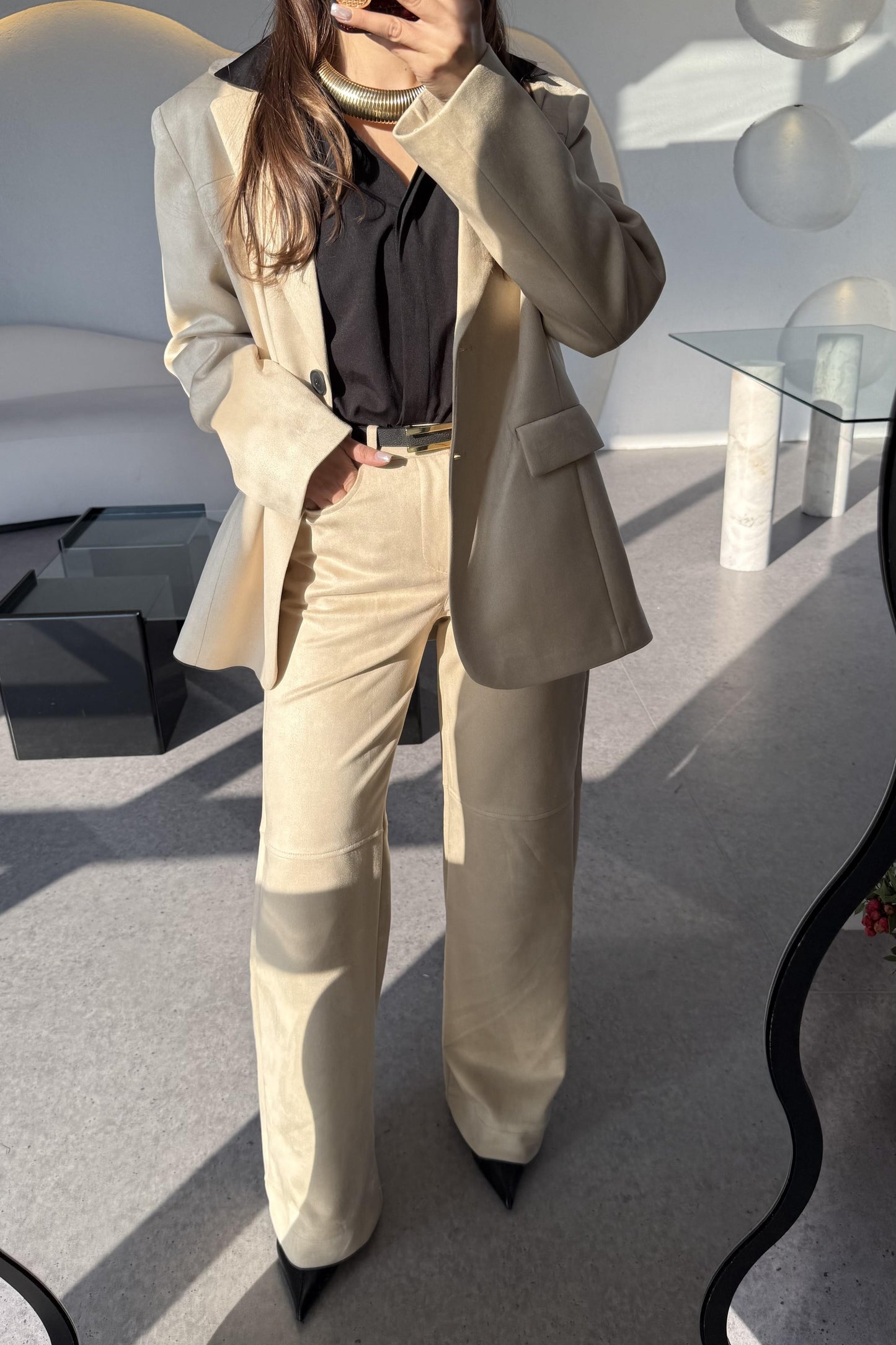 Claira Krem Süet Blazer Ceket Pantolon Takım