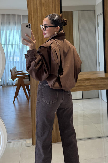 Clara Kahve Pile Detaylı Kısa Ceket