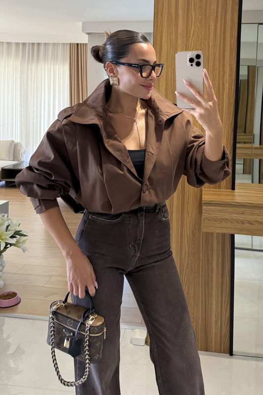 Clara Kahve Pile Detaylı Kısa Ceket