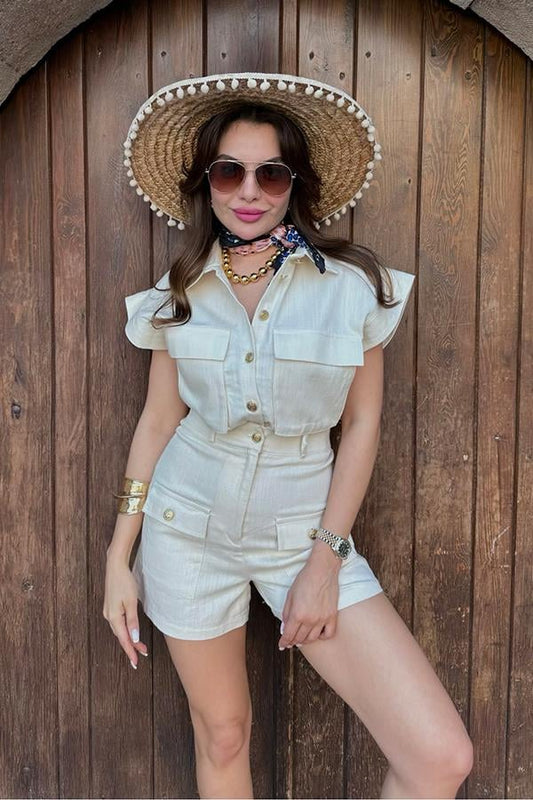 Clarissa Gold Düğmeli Takım - Krem