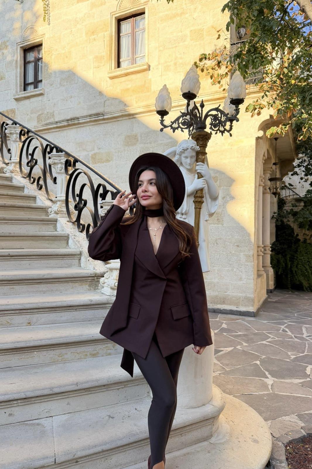 Classy Kahve Şal Detaylı Blazer