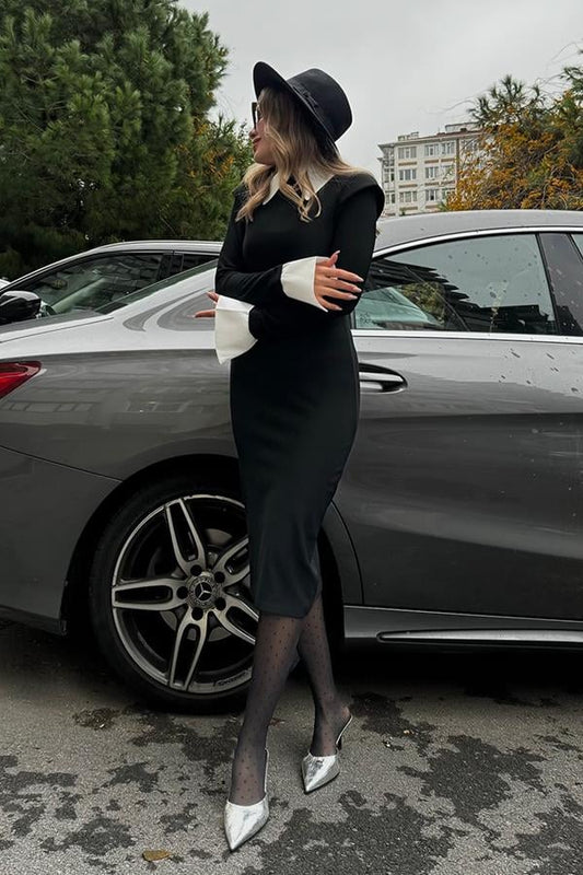 Claudia Beyaz Yakalı ve Beyaz Bilekli Tasarım Elbise