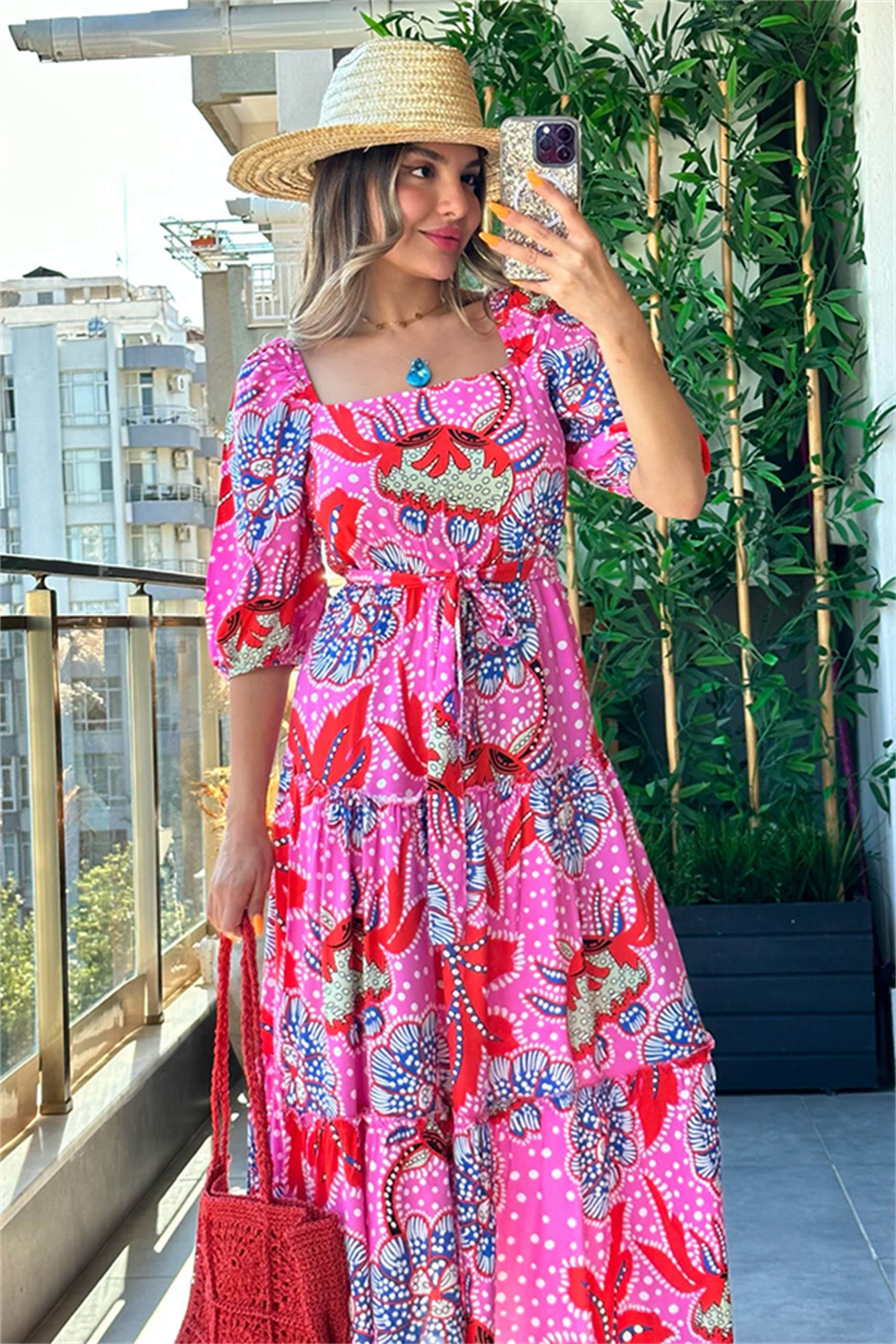 Clay pembe yarım kol kare yaka elbise
