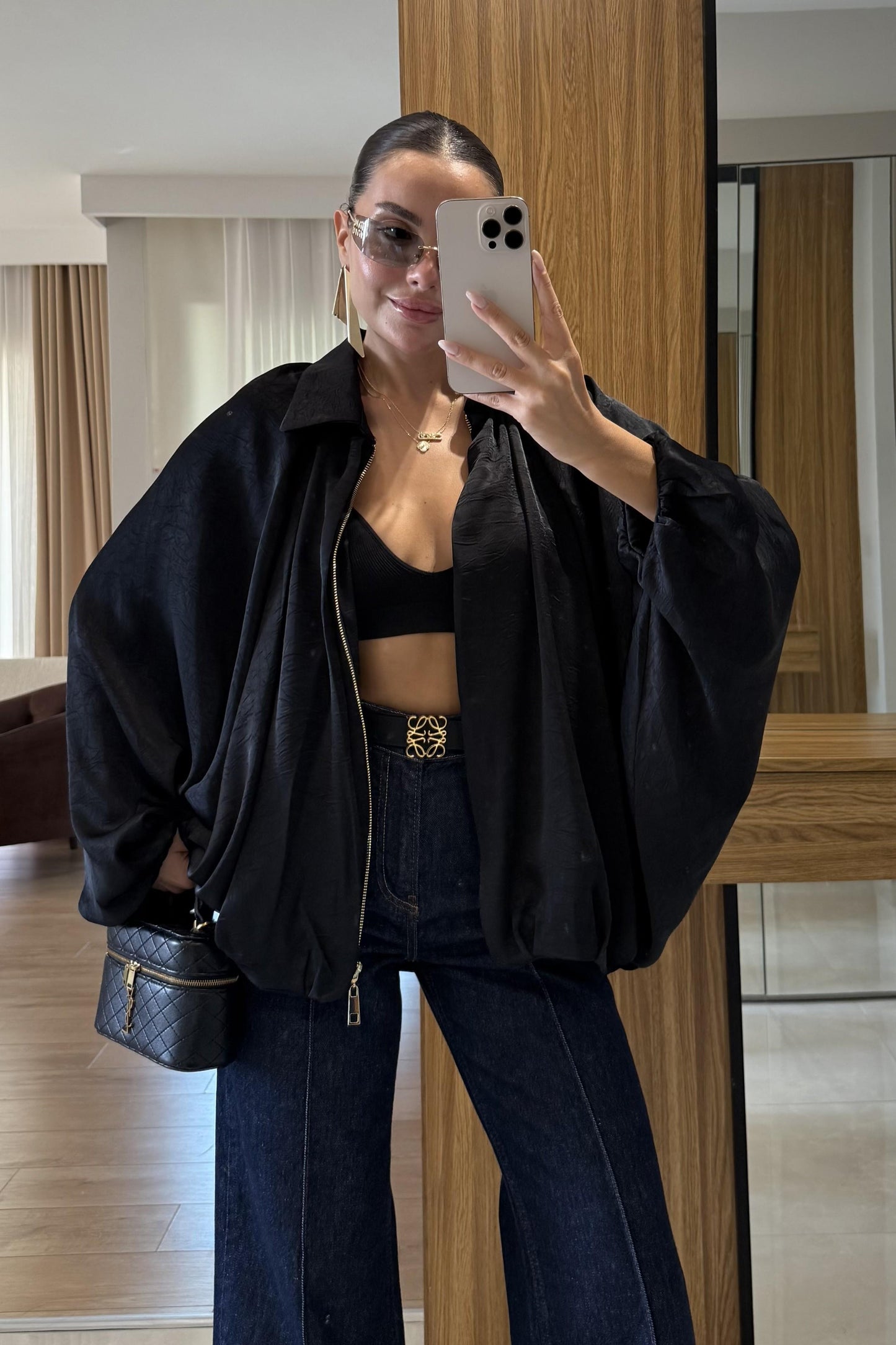 Clayton Siyah Saten Bomber Ceket