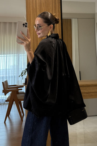 Clayton Siyah Saten Bomber Ceket