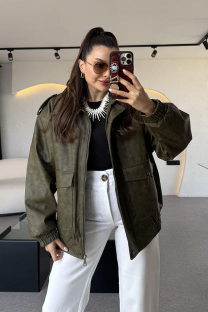 Cloys Haki Deri Yıkama Ceket