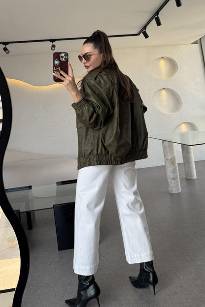 Cloys Haki Deri Yıkama Ceket