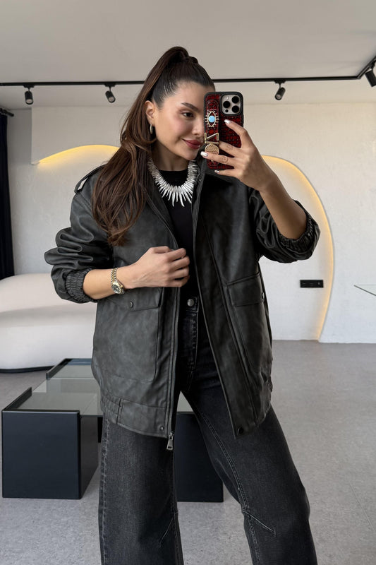 Cloys Siyah Deri Yıkama Ceket