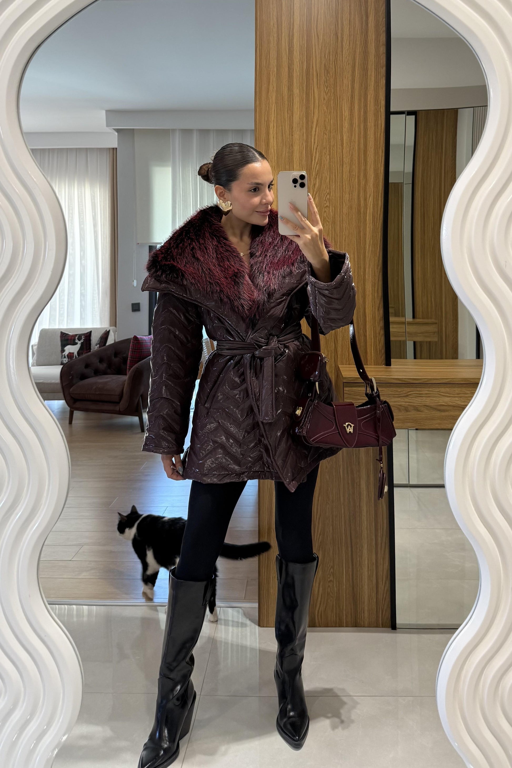 Colmar Bordo Kürklü Kemerli Şişme Mont