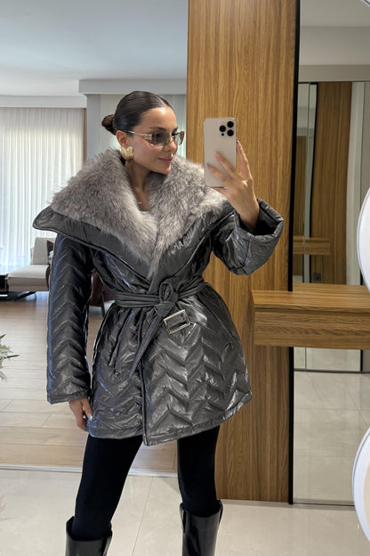Colmar Gri Kürklü Kemerli Şişme Mont