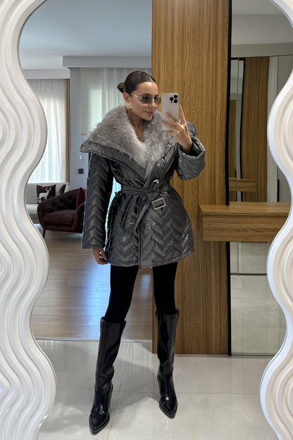 Colmar Gri Kürklü Kemerli Şişme Mont