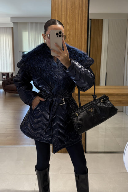 Colmar Lacivert Kürklü Kemerli Şişme Mont