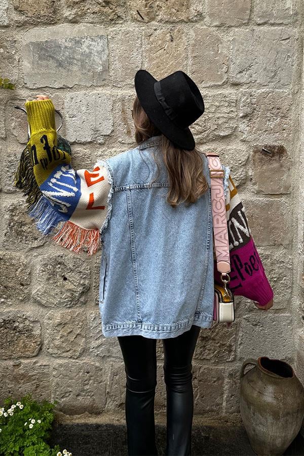 Color Kolları Triko Tasarım Kot Ceket