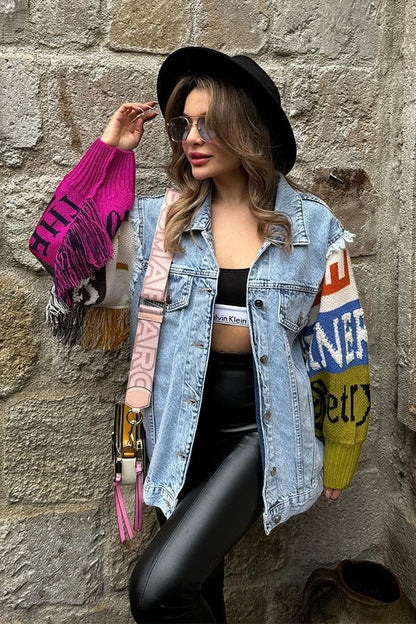 Color Kolları Triko Tasarım Kot Ceket