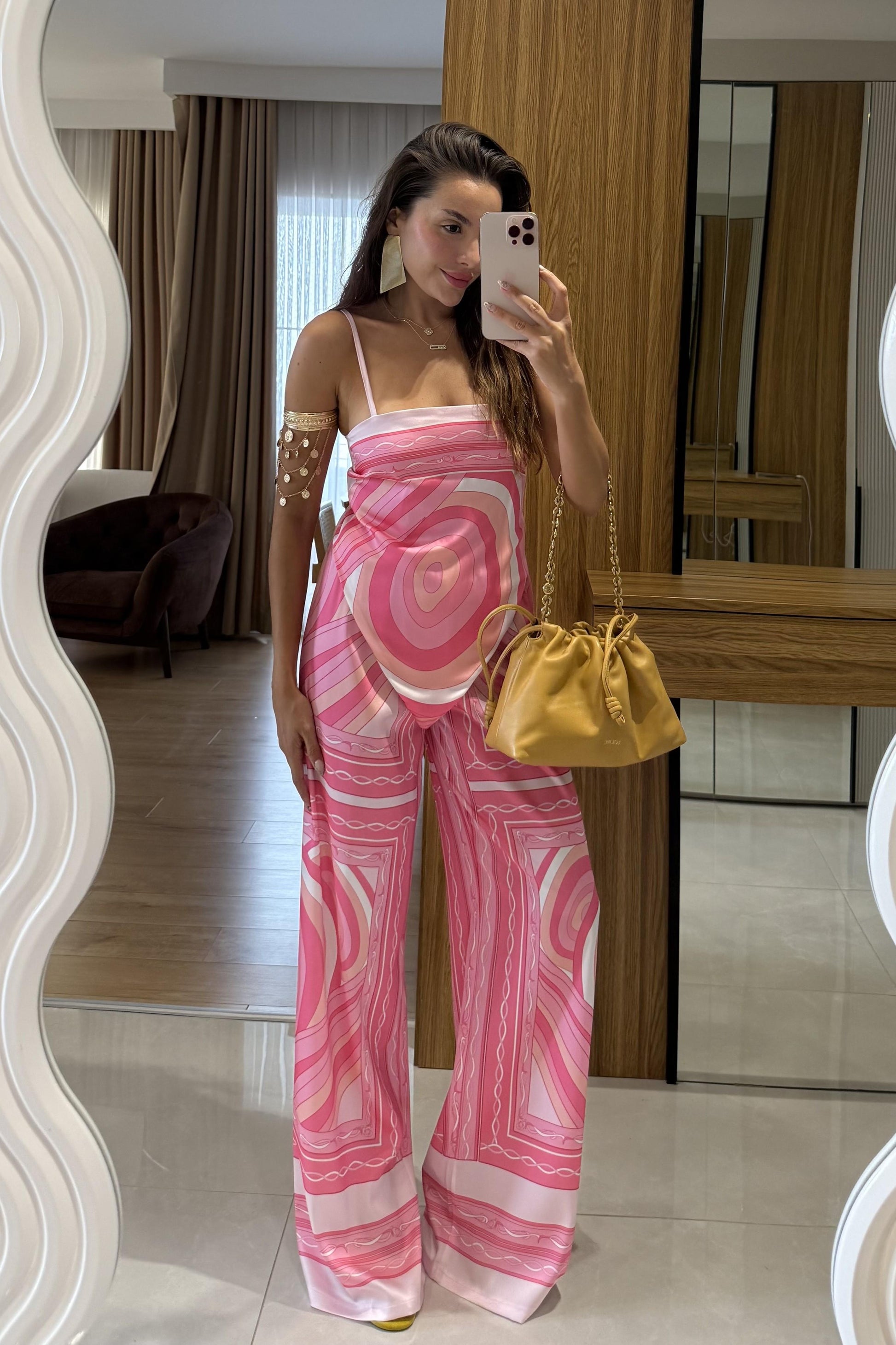 Colour Pembe Desenli Straplez İkili Takım