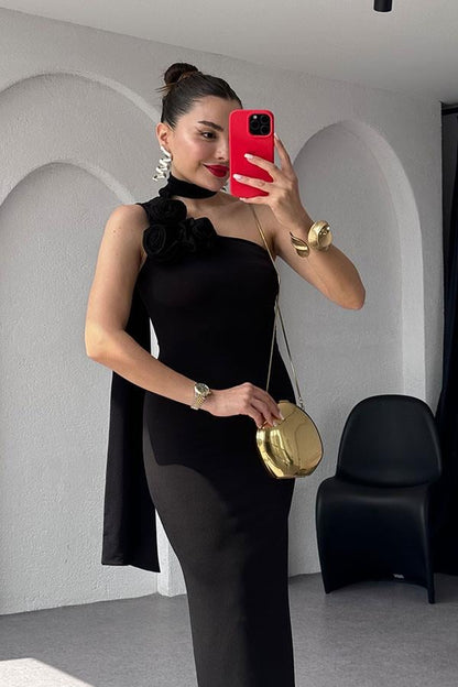 Contreras Tek Omuz Gül Detaylı Elbise-Siyah