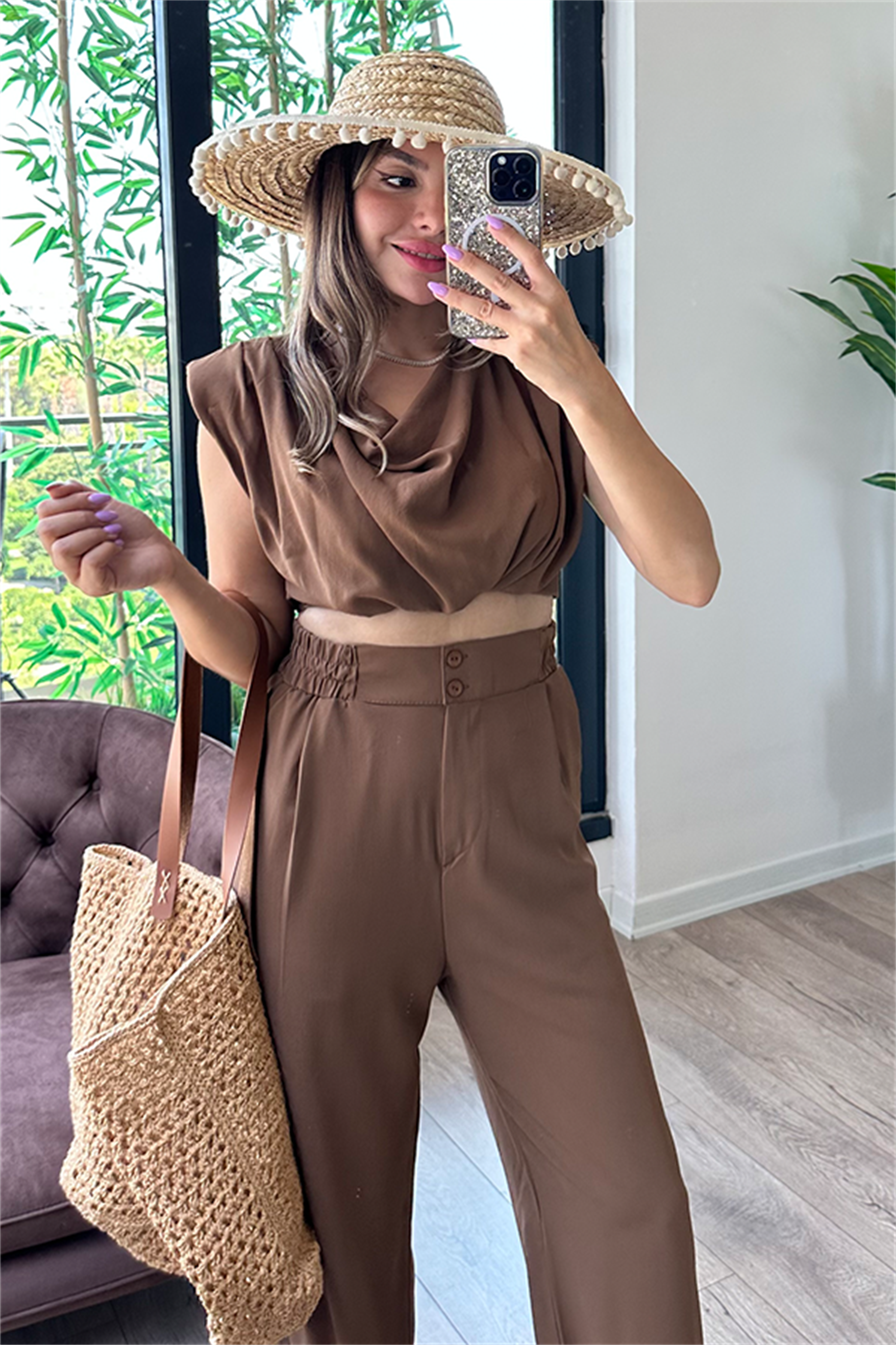 Coosy vatka detaylı bluzlu takım - Acı kahve