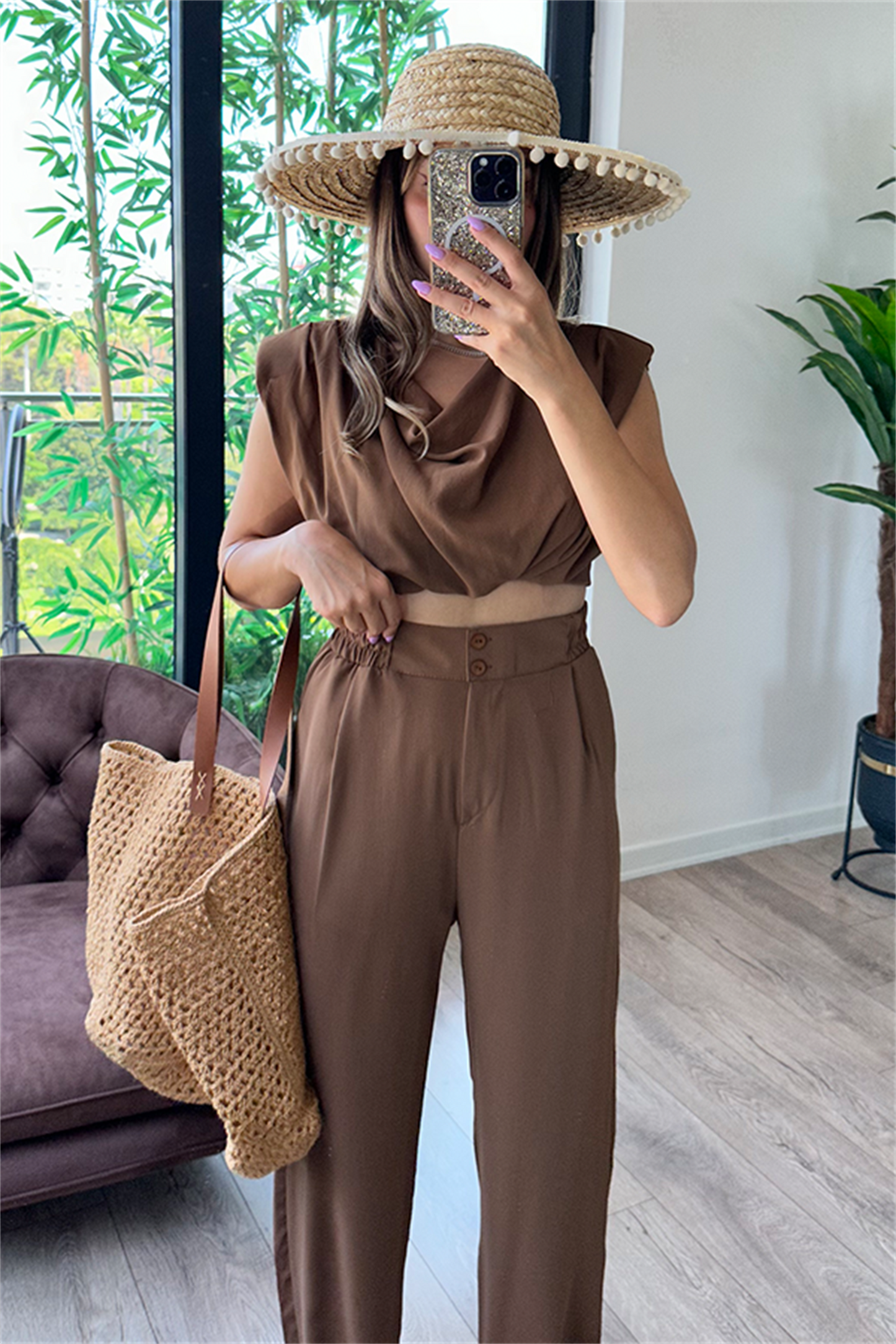 Coosy vatka detaylı bluzlu takım - Acı kahve