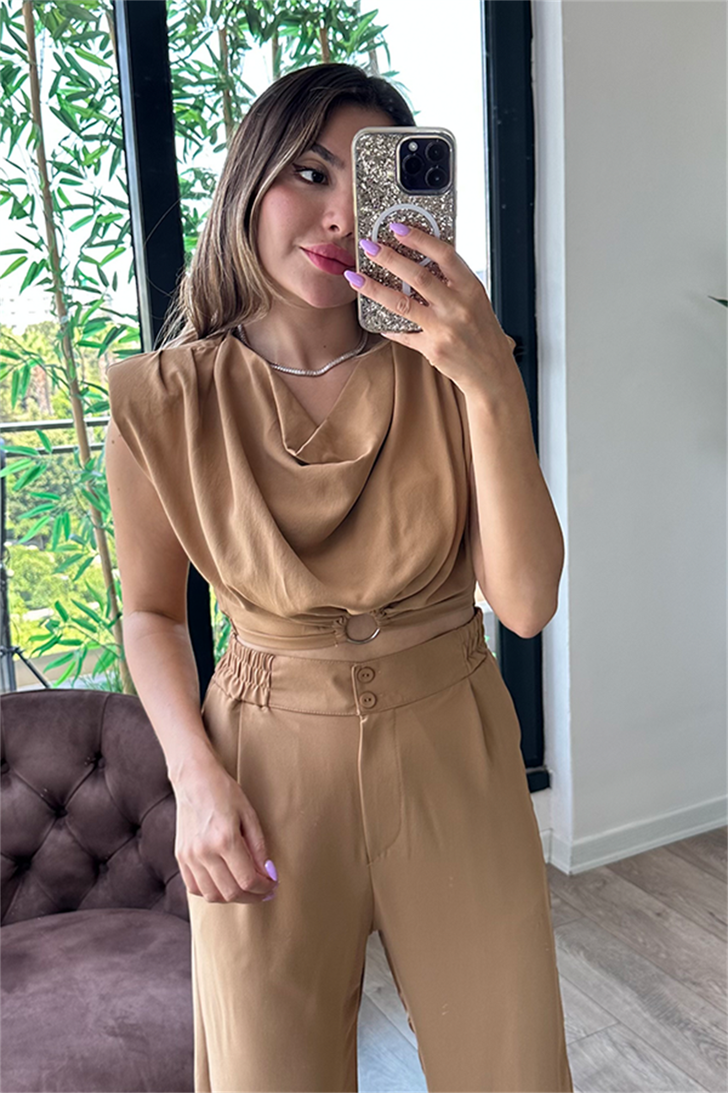 Coosy vatka detaylı bluzlu takım - Karamel