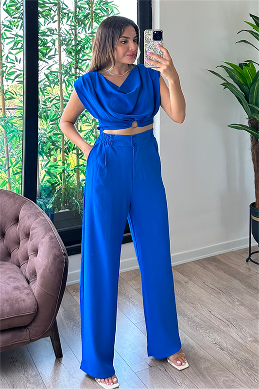 Coosy vatka detaylı bluzlu takım - Saks Mavi