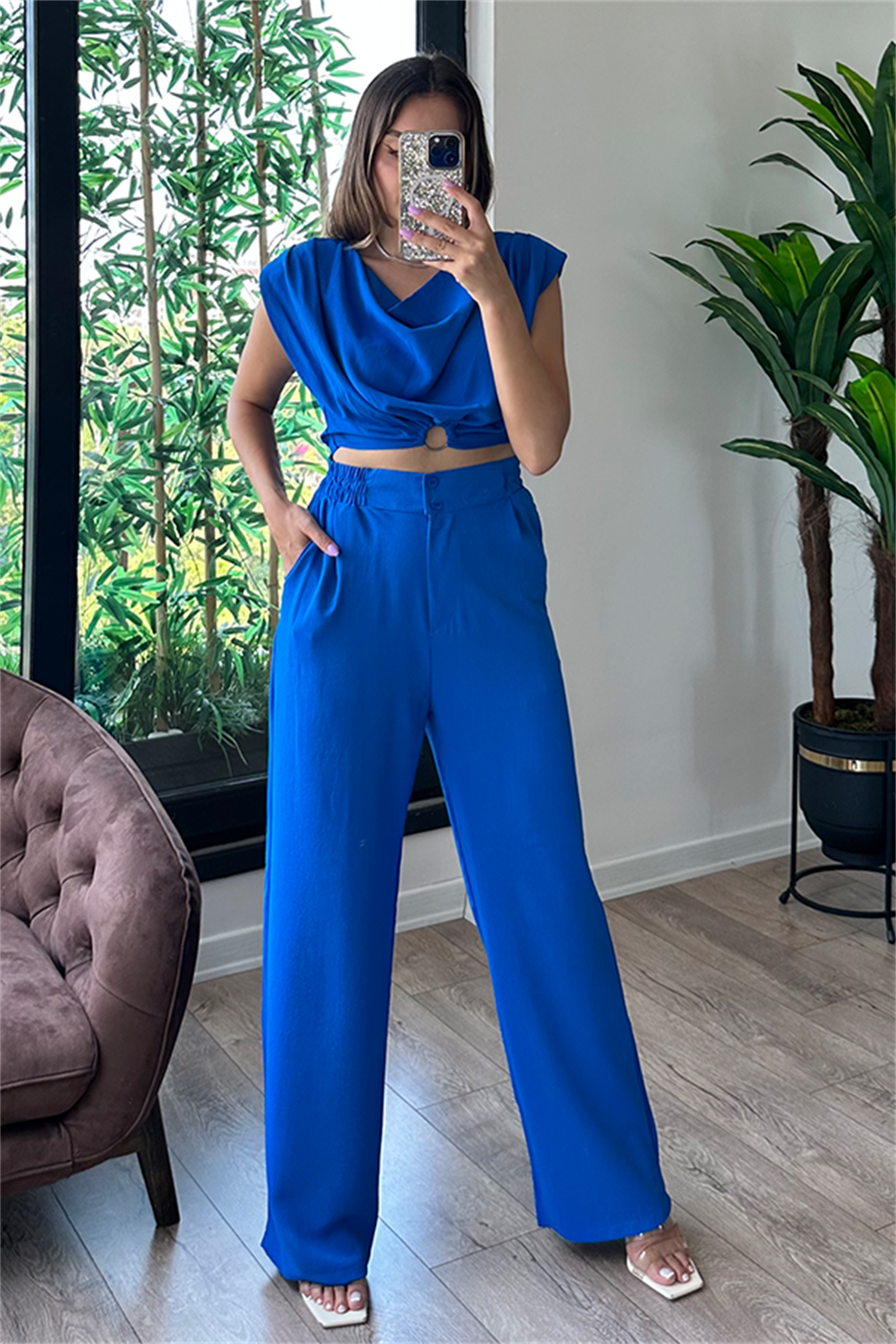 Coosy vatka detaylı bluzlu takım - Saks Mavi