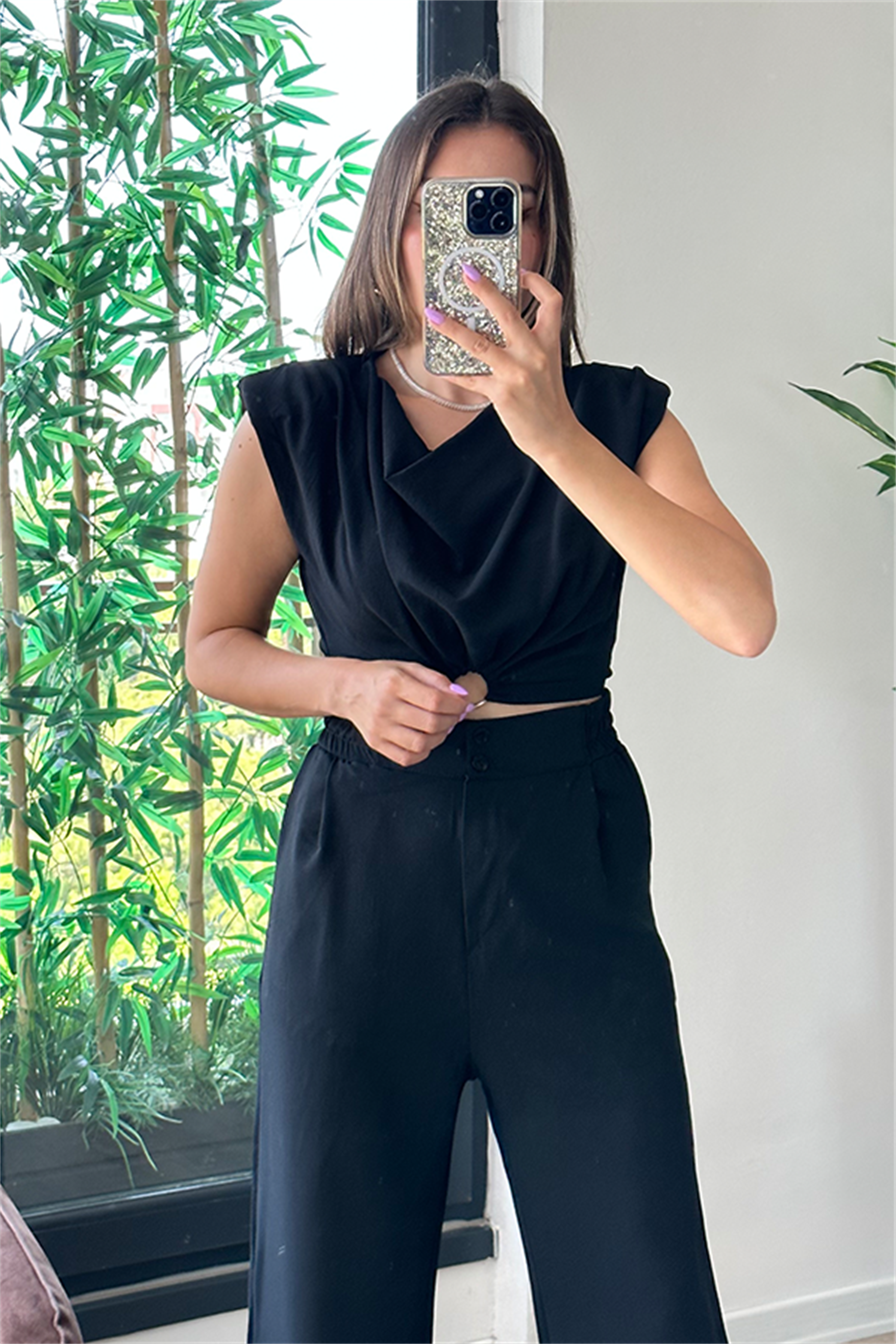 Coosy vatka detaylı bluzlu takım - Siyah