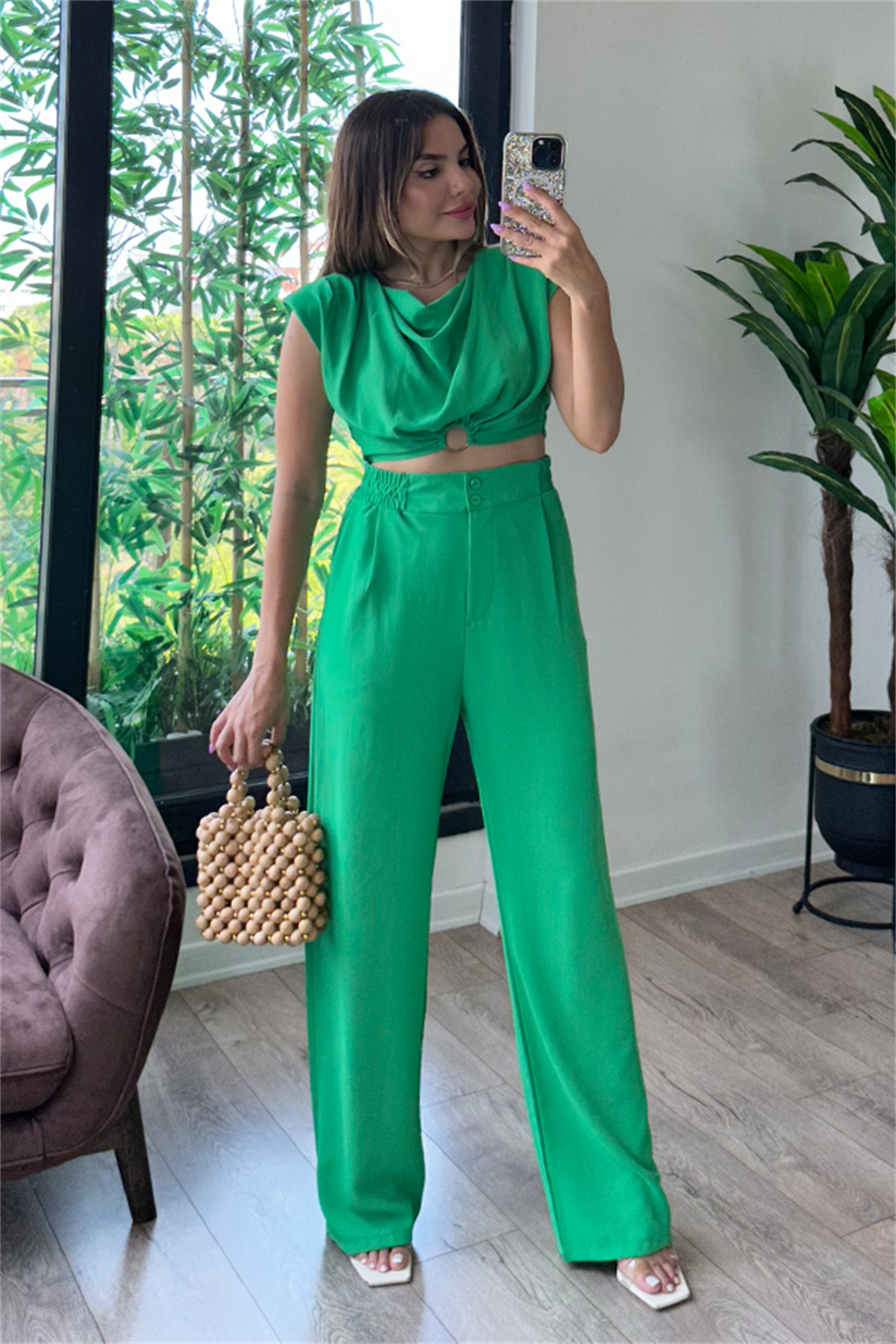 Coosy vatka detaylı bluzlu takım - Yeşil