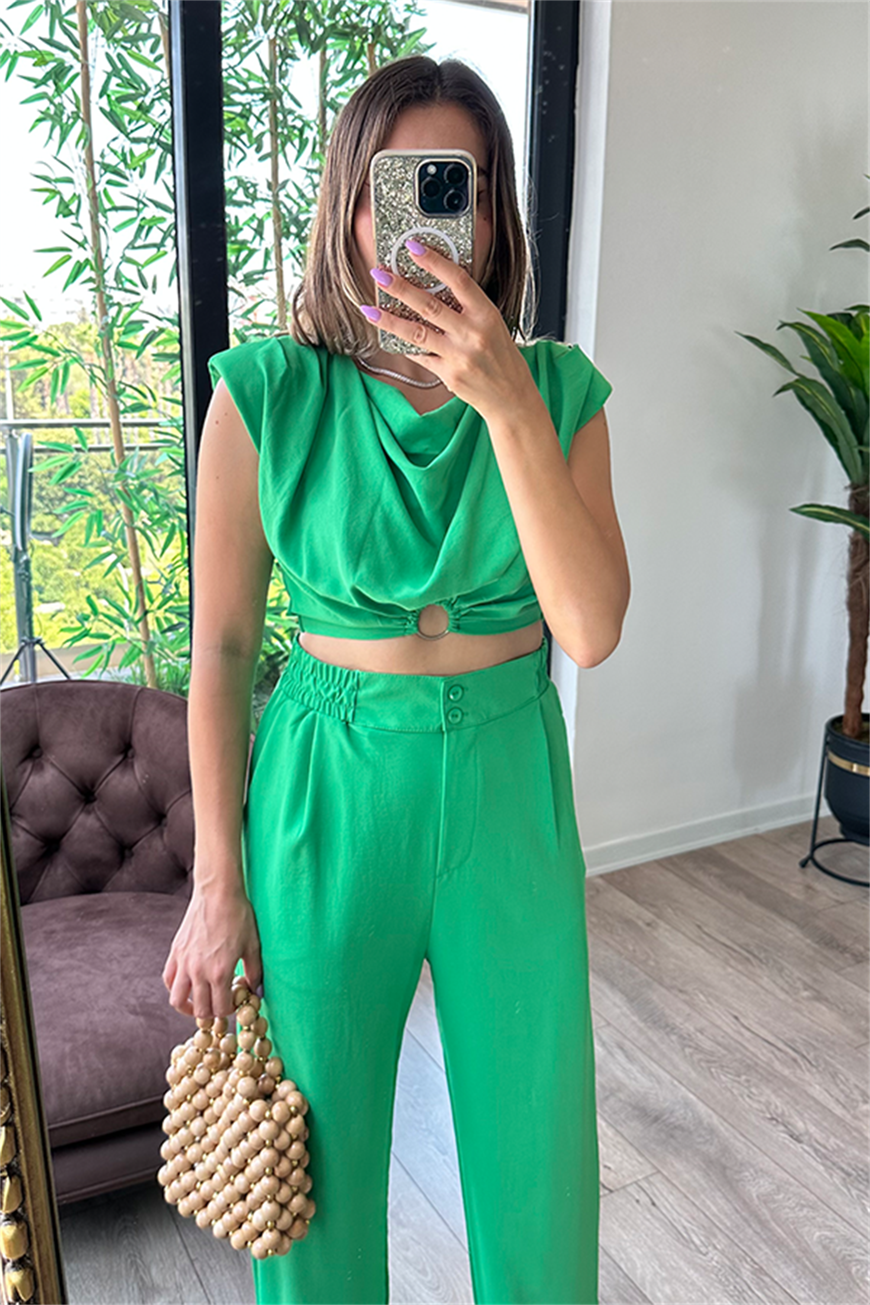 Coosy vatka detaylı bluzlu takım - Yeşil