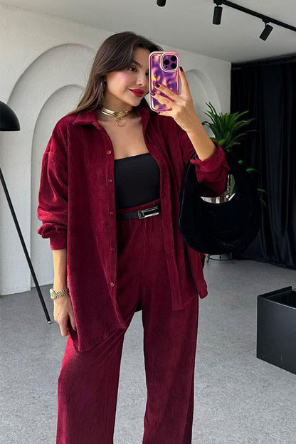Coraline Bordo Kadife Gömlek Takım