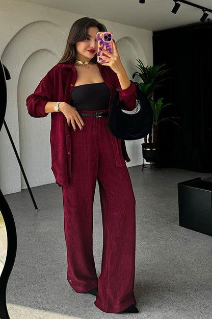 Coraline Bordo Kadife Gömlek Takım