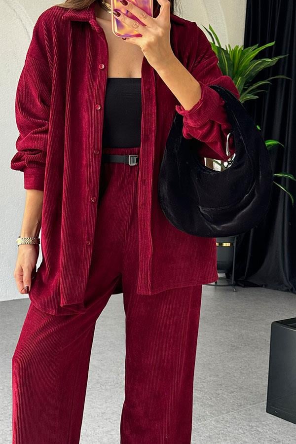 Coraline Bordo Kadife Gömlek Takım