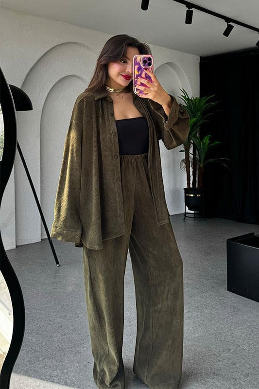 Coraline Haki Kadife Gömlek Takım