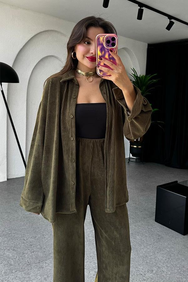 Coraline Haki Kadife Gömlek Takım